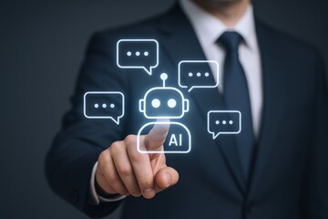 AI Powered Chatbot Concept with Businessman Interacting on Virtual Interface for Customer Support and Automation