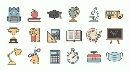 Collection of flat design education and school icons, including backpack, books, globe, microscope, bus, trophy, calculator, art supplies, and more.