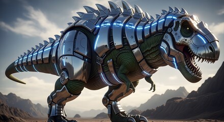 A Robotic Tyrannosaurus Rex in a Post-Apocalyptic Landscape. A metallic, futuristic dinosaur strides confidently across a barren land