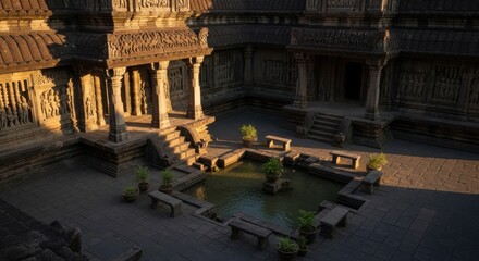 Ancient Stone Temple Courtyard with Carved Walls and Central Water Fountain in Warm Sunset Light