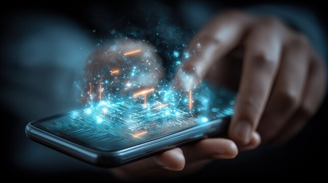 Hand using smartphone with digital interface, representing mobile technology, connectivity, and interactive user experience