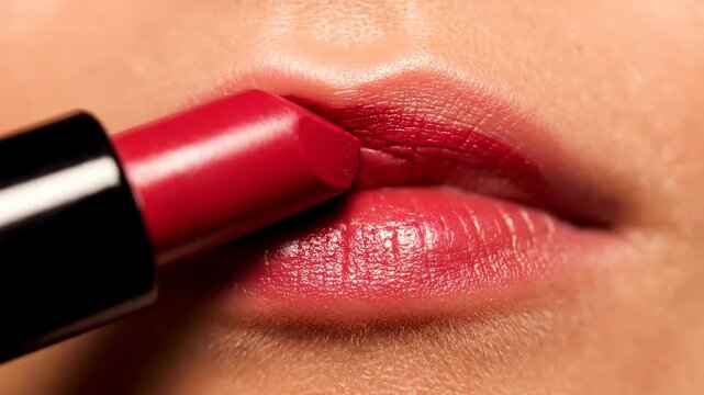 Red lipstick is applied to a person's lips in a detailed close-up shot.