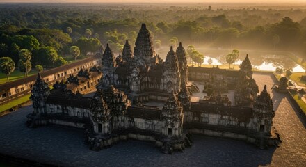 Ancient Temple Complex Surrounded by Lush Greenery During Sunset
