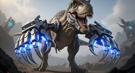 A robotic dinosaur, a captivating fusion of nature and technology, with futuristic claws, standing on a rocky terrain 