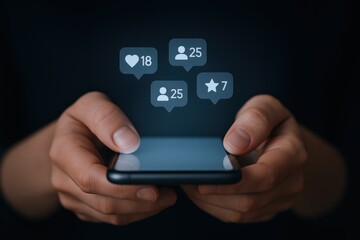Smartphone User Engaging with Social Media Notifications: Likes, Followers, and Engagement Counters on Mobile Device