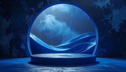 3d white blue pedestal or podium stand on clean background with ocean image modern minimal display
1