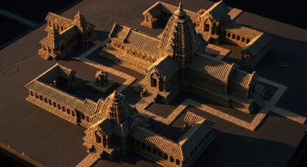 Architectural Model of Traditional Temple Complex in Warm Lighting
