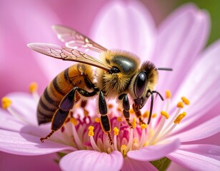 Detailed macro of a honeybee on a pink flower