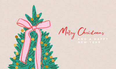 Fototapeta na wymiar Christmas Holiday banner, card, poster, cover, background. Modern bright Xmas design with hand drawn beautiful Christmas tree with big bow and golden confetti for season greetings, sales, print, ads