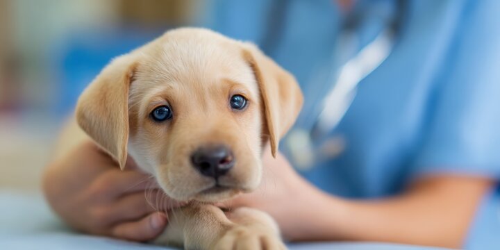 Adorable Labrador puppy being examined by a veterinarian, promoting pet health and animal care