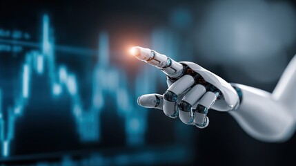 Robotic Hand Interacting with Financial Data Display, Representing Automation and AI in Finance