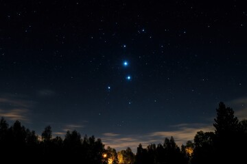 Deep Blue Night Sky with Bright Stars Over a Forest Landscape, Majestic Constellations
