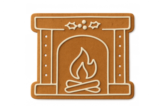 Gingerbread fireplace cookie with icing decoration, symbolizing cozy christmas warmth and holiday traditions, on transparent background