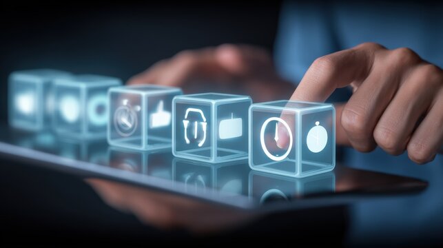 Concept of workflow management illustrated by hand interacting with cubes on a digital device
