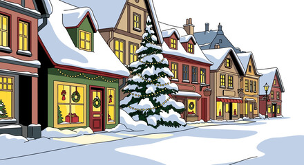 Charming snowy street lined with festive shops and decorated Christmas tree during winter holidays © Avra