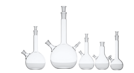 Assortment of Clear Glass Laboratory Flasks glassware isolated on a transparent background