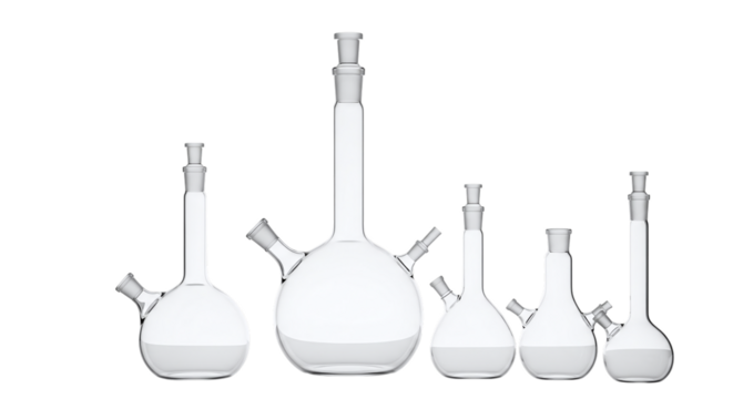Assortment of Clear Glass Laboratory Flasks glassware isolated on a transparent background