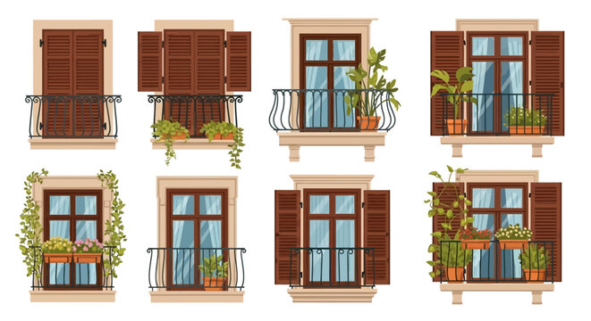 Charming vector illustrations of European style windows featuring balconies, flower boxes, and open or closed wooden shutters, perfect for graphic design projects