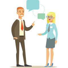 Two Business People in Professional Attire Engaged in Conversation with Speech Bubbles Demonstrating Communication and Collaboration on a Transparent Background
