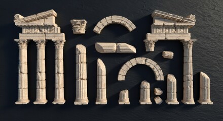 Ancient Architectural Fragments of Classical Columns and Arches on Dark Surface