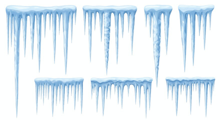 Set of realistic icicles hanging from a roof with snow on top, isolated on white