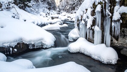 Winter stream flowing through snowy gorge