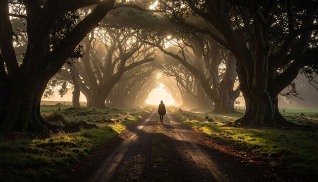 Sunlit path through a misty forest (2)