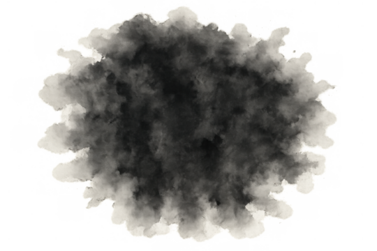 Dark smoke cloud bursting from an impact with opaque black center and lighter edges, dissipating smog or dust on transparent background