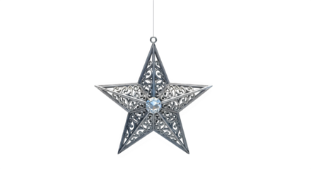 Ornate filigree silver star lantern with glowing light isolated on transparent background