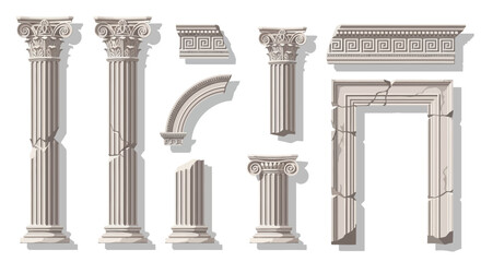 Naklejka premium A detailed illustration set of antique ruined architectural elements, including classical broken columns, ancient pillars, and stone archways