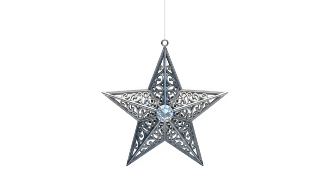 Ornate filigree silver star lantern with glowing light isolated on transparent background