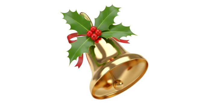 Golden christmas bell with holly and red ribbon isolated on transparent background