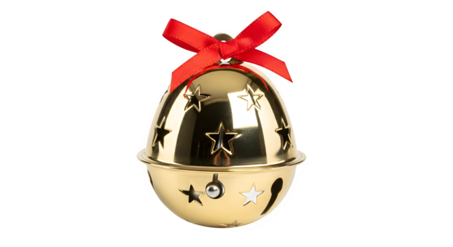 Golden egg shaped christmas ornament with cutout stars and red ribbon isolated on transparent background
