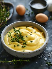 Creamy hollandaise sauce garnished with fresh thyme and delicate egg yolks on a rustic table
