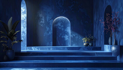 3d white blue pedestal or podium stand on clean background with ocean image modern minimal display
3