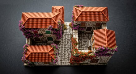 Miniature Stone Houses with Red Tile Roofs and Flowering Vines on Black Background