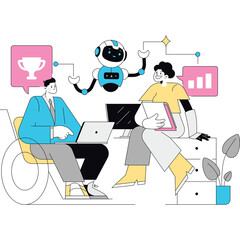 Two Business People Collaborate With A Friendly Robot On A Project Featuring Digital Devices And Success Symbols In A Bright Modern Office Environment