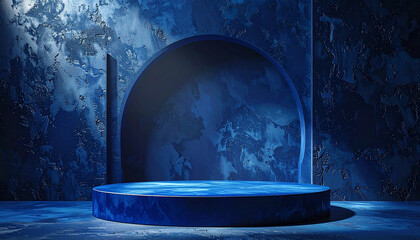 3d white blue pedestal or podium stand on clean background with ocean image modern minimal display
4