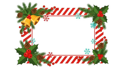 Festive Christmas Frame with Red and White Stripes, Holly, Pine Cones, and Bells for the Holidays