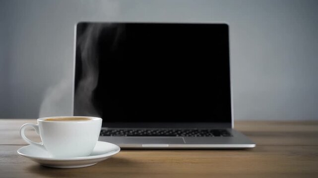 A laptop with a cup of hot coffee on a wooden desk. The coffee is steaming gently