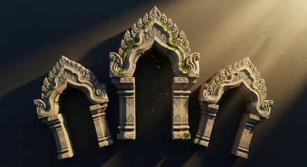 Three Ornate Architectural Archways with Intricate Carvings and Moss Accents in Warm Light