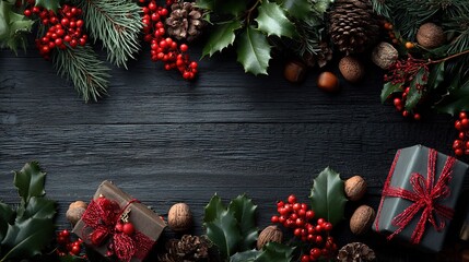 Christmas flat lay background with gift boxes, pine cones, holly berries on dark wood table, top view with copy space for banner design.