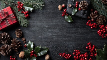 Christmas flat lay background with gift boxes, pine cones, holly berries on dark wood table, top view with copy space for banner design.