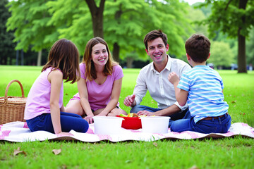 Happy family of four smiling and enjoying a sunny day with a beautiful picnic on a blanket in a lush green park