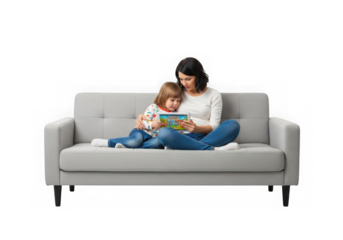 Mother and child reading a book together on a sofa isolated on transparent background