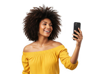 Smiling young woman with afro hair taking a selfie with her smartphone isolated on transparent background