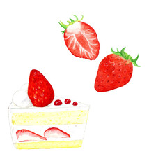 手描き水彩 いちごのショートケーキといちご / Hand-painted Watercolor Strawberry Shortcake and Strawberry