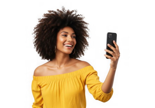 Smiling young woman with afro hair taking a selfie with her smartphone isolated on transparent background