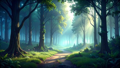 Sunlit path winds through a mystical forest