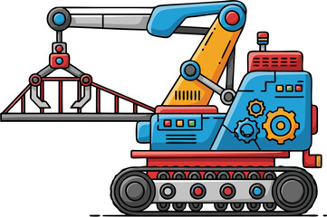Cartoon illustration of a blue and yellow industrial crane with tracks.